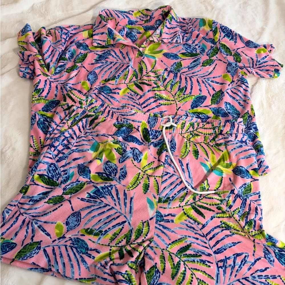 Cuddl Duds Pink and Blue Leaf Print Pajama Set